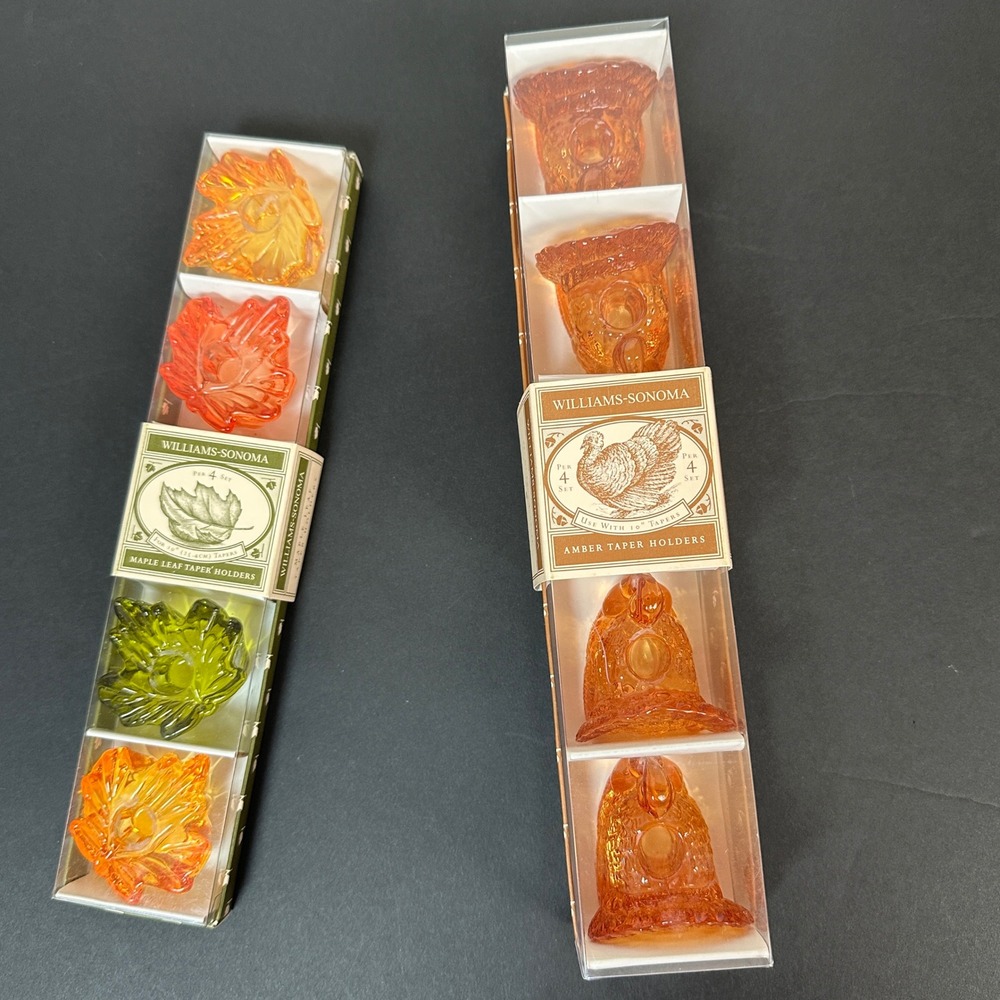Williams Sonoma Glass Turkey Maple Leaf Taper Holder Set 8 Pc Amber Green Orange